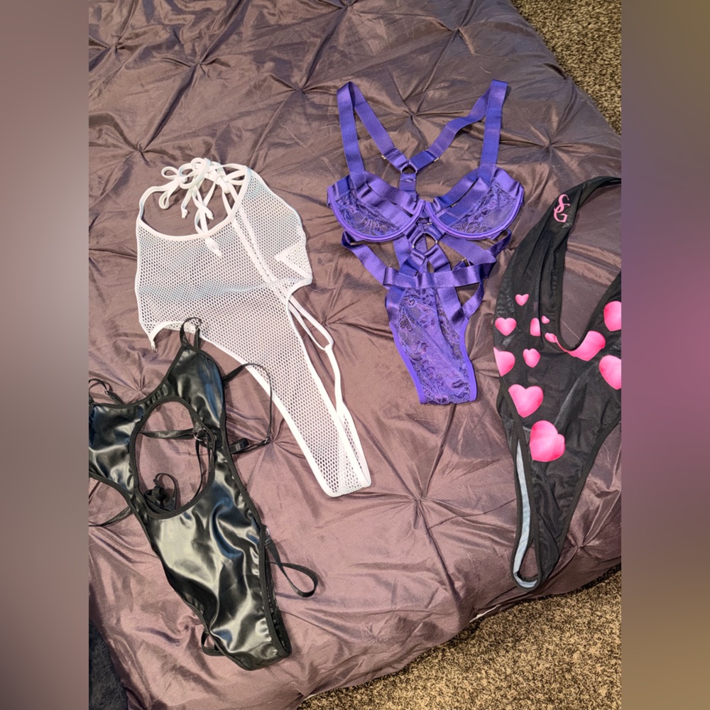 SEXY 4 PIECE BODYSUIT LINGERIE BUNDLE (SHEER, MESH, LACE, LEATHER ETC)